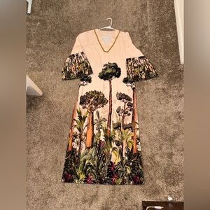 Women Long Colorful Beach Print Kaftan Dress 3/4 Sleeves Side Slit Size X Small